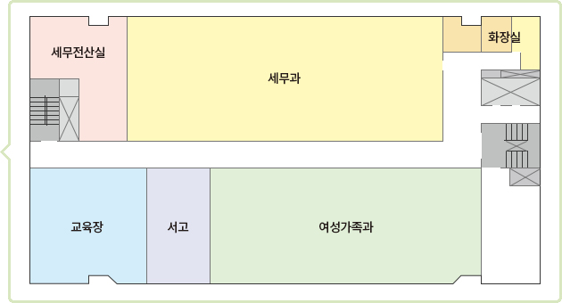 3F : 세무전산실, 세무과, 교육장, 서고, 여성가족과, 화장실
