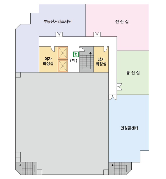 7F / 중앙엘리베이터 중심으로 양쪽에 여자화장실과 남자화장실, 시계방향으로 부동산거래조사단, 전산실, 통신실, 민원콜센터가 위치해있다.