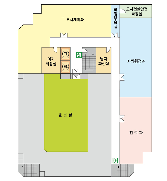 4F / 중앙엘리베이터 중심으로 양쪽에 여자화장실과 남자화장실, 시계방향으로 도시계획과, 국장부속실, 도시건설안전국장실, 자치행정과, 건축과가 위치하며, 엘리베이터에서 내려 우측에 회의실이 위치한다.