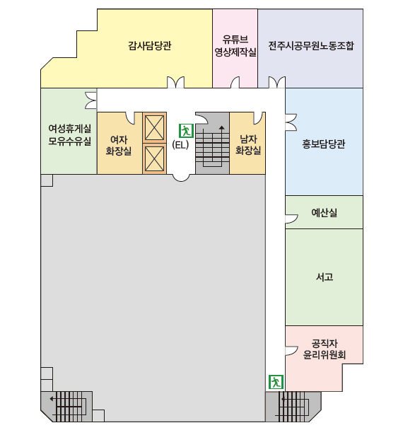 6F / 중앙엘리베이터 중심으로 양쪽에 여자화장실과 남자화장실, 시계방향으로 여성휴게실 모유수유실, 감사담당관, 유튜브영상제작실, 전주시공무원노동조합, 홍보담당관, 예산실, 서고, 공직자윤리위원회가 위치해있다.