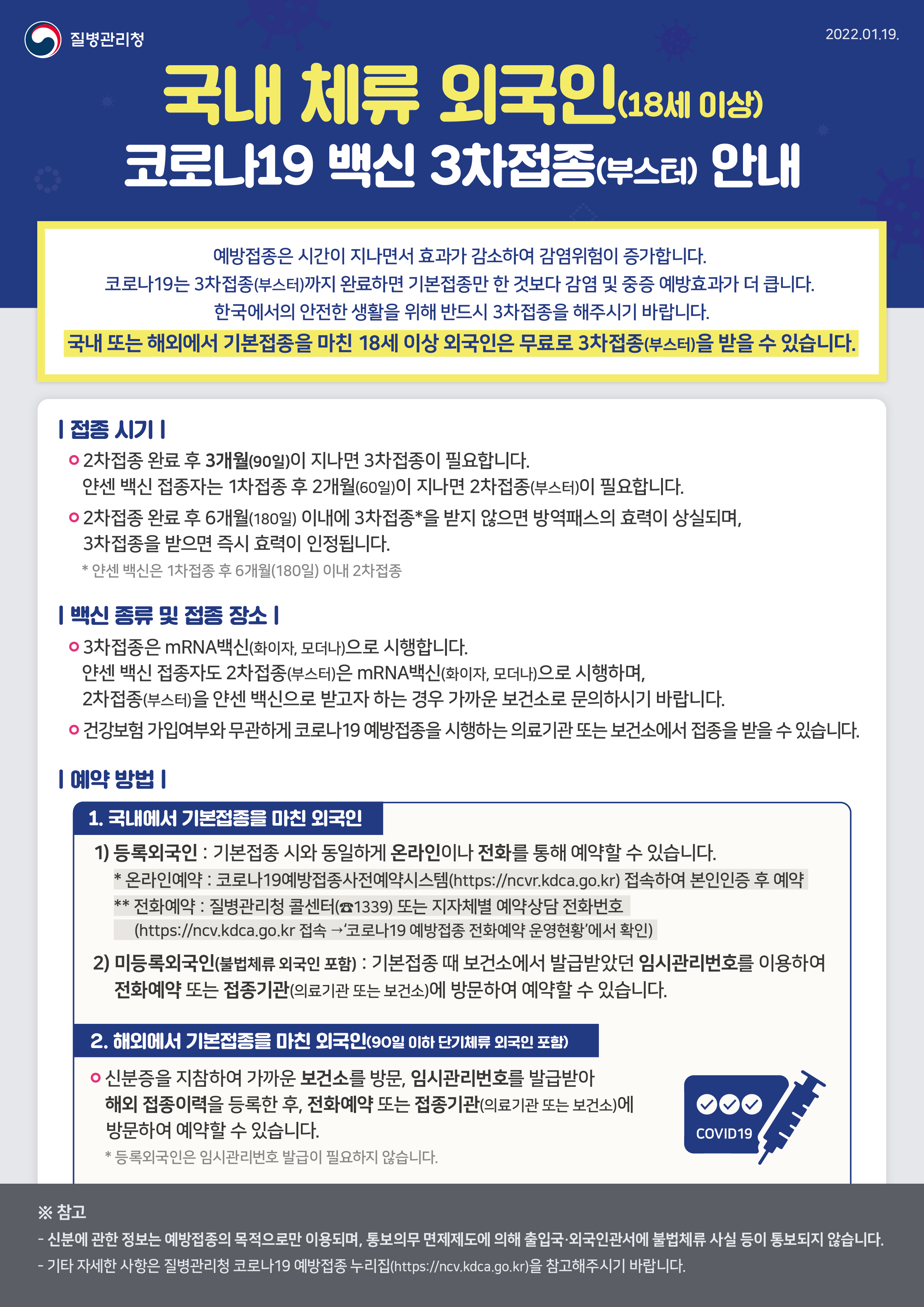 국내체류 외국인 대상 코로나19 백신 3차접종 안내(한국어,영어,중국어,베트남어)