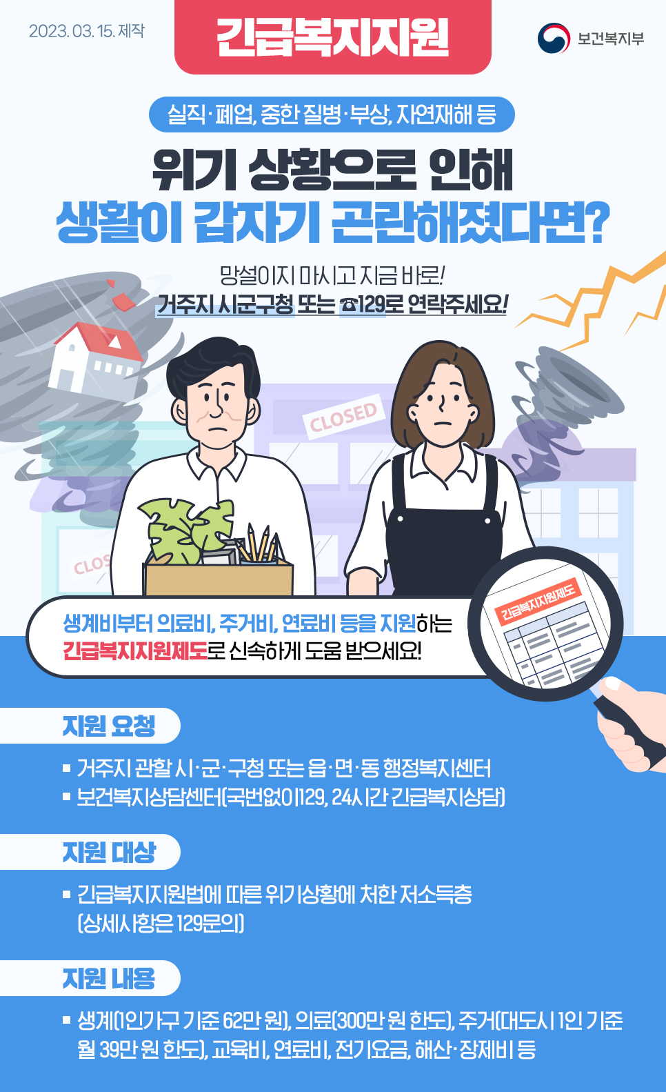 긴급복지지원제도로 신속하게 도움받으세요!