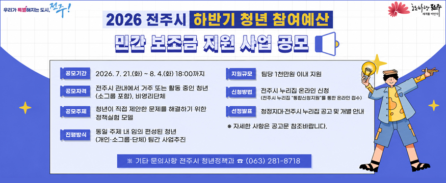 2026 전주시 하반기 청년 참여예산
민간 보조금 지원 사업 공모
공모기간 : 2026.7.21(화)~8.4(화) 18:00까지
공모자격 : 전주시 관내에서 거주 또는 활동 중인 청년
공모주제 : 청년이 직접 제안한 문제를 해결하기 위한 정책실험 모델
진행방식 : 동일 주제 내 임의 편성된 청년
지원규모 : 팀당 1천만원 이내 지원
신청방법 : 전주시 누리집 온라인 신청
선정발표 : 청정지대,전주시 누리집 공고 및 개별 안내