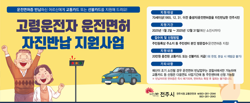 운전면허증 반납하신 어르신에게 교통카드 또는 설불카드를 지원해 드려요!
고령운전자 운전면허 자진반납 지원사업
지원대상 : 70세이상(1955. 12. 31. 이전 출생자)운전면허증을 자진반납한 전주시민
지원기간 : 2025년 1월 2일 ~ 2025년 12월 31일(예산 소진시까지)
접수처 및 신청방법 : 주민등록산 주소지 동 주민센터 본인 방문접수(운전면허증 지참)
지원내용 : 20만원 충전된 교통카드 또는 선불카드 지급(1회 한정, 분실 시 재발급 불가)
